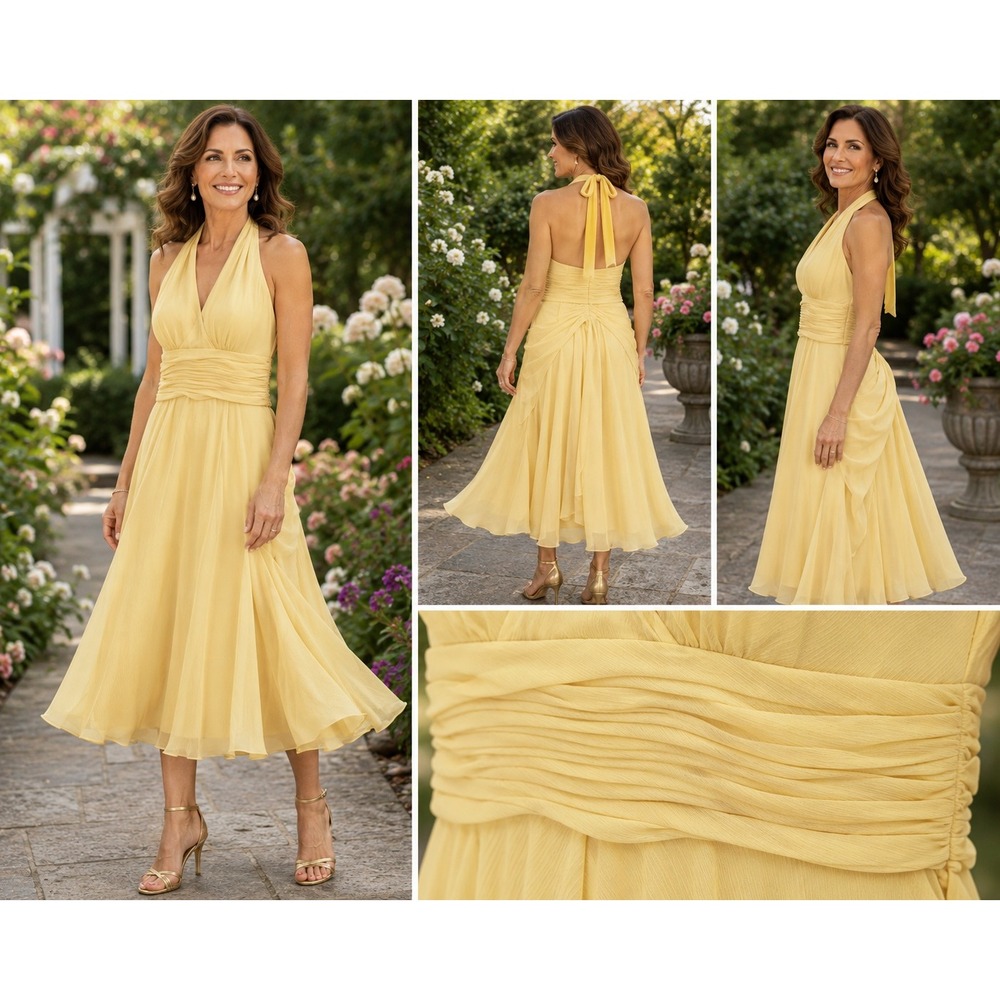 Maggy London Halter Dress Pleated Waist Yellow Fit Flare Women 8 Romantic Party